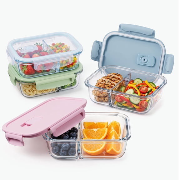 Vesteel 4 Pack Glass Meal Prep Containers, Lunch Bento Boxes with Snap Locking Lid, 24 oz/710 ml Food Storage Containers with 2 Compartments, Oven, Freezer, Microwave & Dishwasher Safe