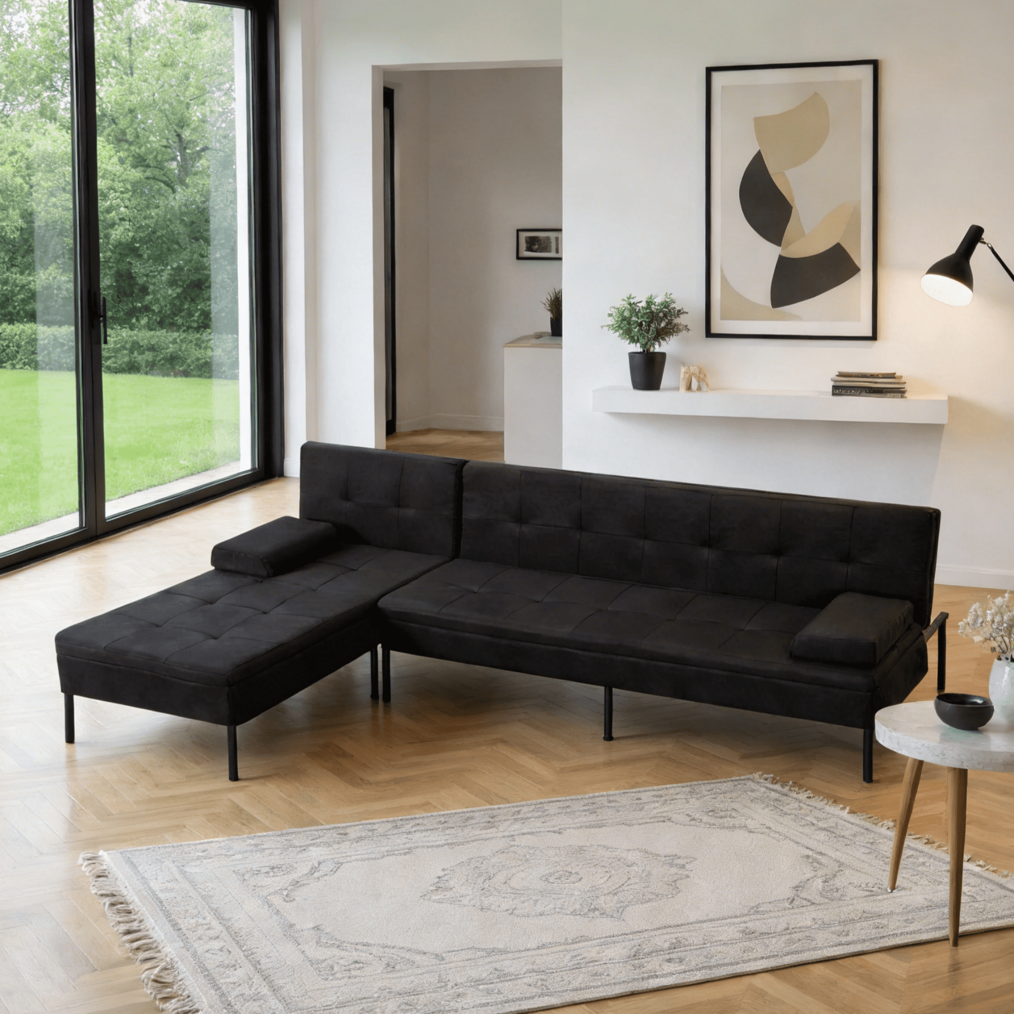 Gewnee 89.4”Convertible L-shaped Sofa with Reversible Chaise Futon Sofa Bed,Suitable for Office and Living Rooms.Black