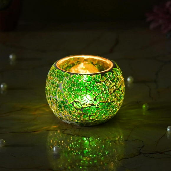 Handcrafted Mosaic Glass Decorative Tea Light Holder Or Diya, Green
