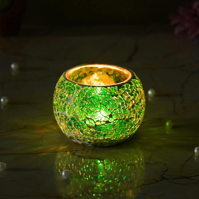 Handcrafted Mosaic Glass Decorative Tea Light Holder Or Diya, Green