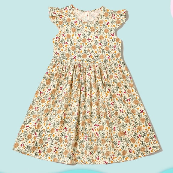 SGFCWSX Girls Summer Dress Ruffle Sleeve Floral Print Crew Neck Casual Daily Dresses for Teens Yellow Size 15