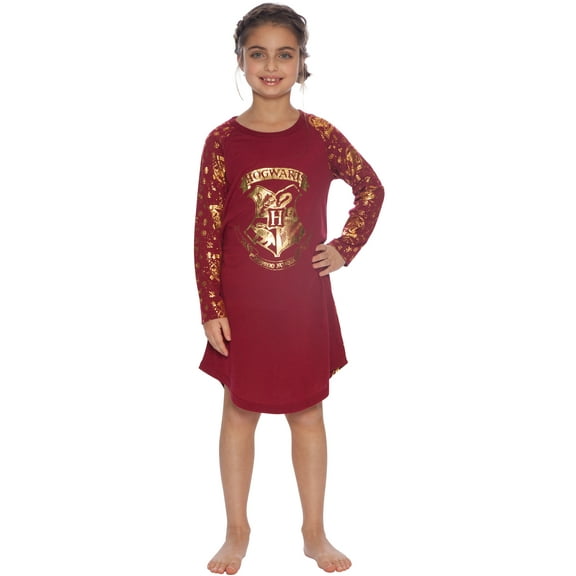 Harry Potter Girls' Hogwarts Castle Foil Crest Logo Hermione Raglan Nightgown Sleepshirt Pajama