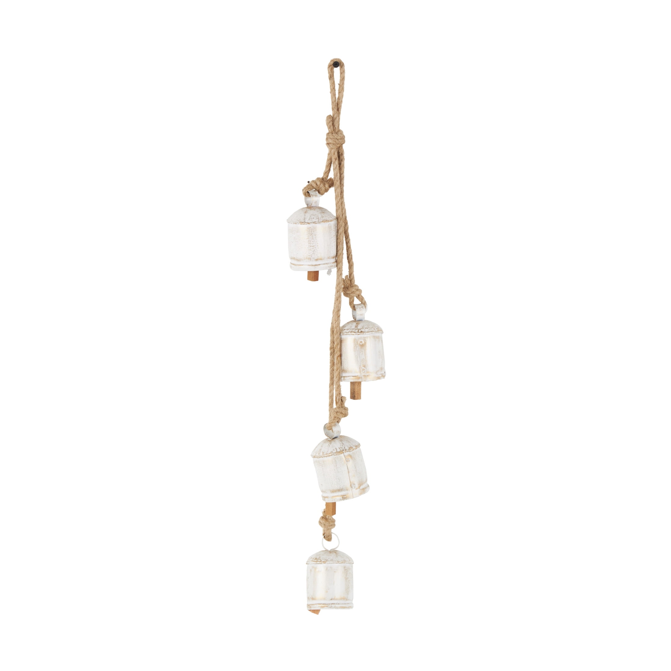 DecMode Tibetan Inspired Cascading White Metal Cylindrical Decorative Bells with 4 Bells on Jute Hanging Rope
