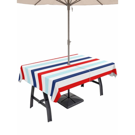 Outdoor Tablecloth with Umbrella Hole, Blue Red Striped Spillproof Waterproof Outdoor Table Cover, Farmhouse Stripes Simple Art Patio Tablecloths for Party Picnic Camping, Rectangle 52"x70"