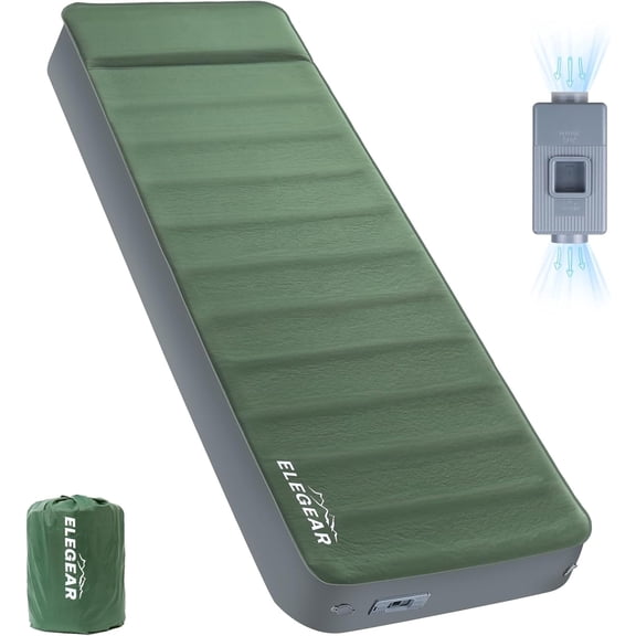 Air & Foam Self-Inflating Sleeping Pad with Built-in Electric Pump, 4-Inch Ultra-Thick 26D Hollow-Cell Memory Foam, Built-in Pillow, Army Green, Single