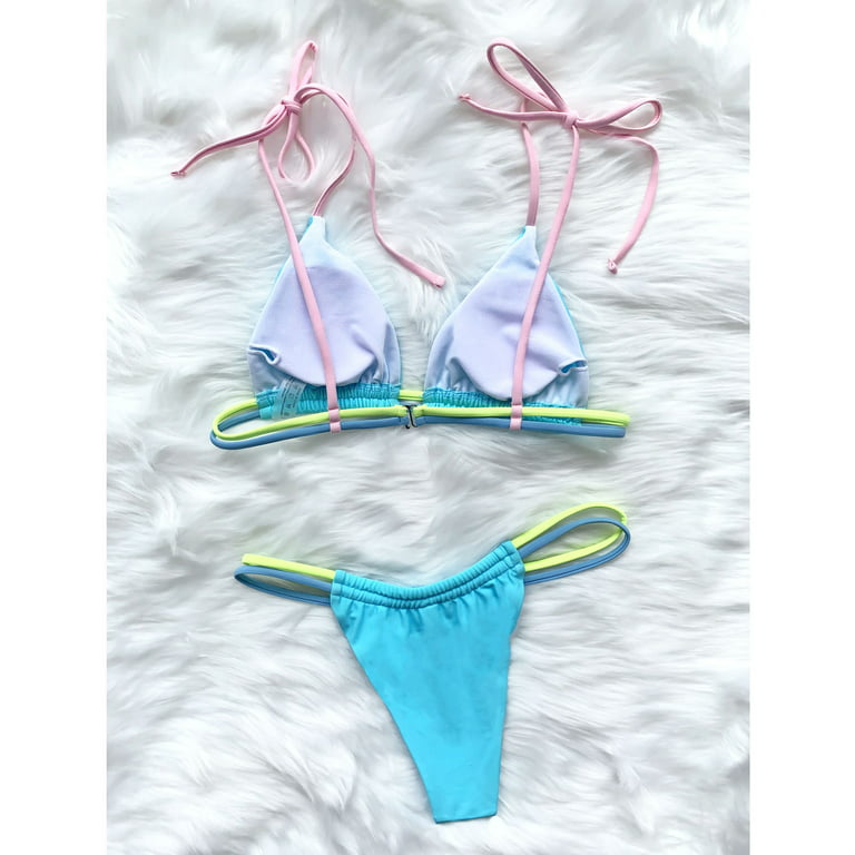 Cethrio Two Piece Swimsuit for Women- Bandage Solid Sexy Push-Up Padded  Beachwear Set Swimwear Sky Blue 