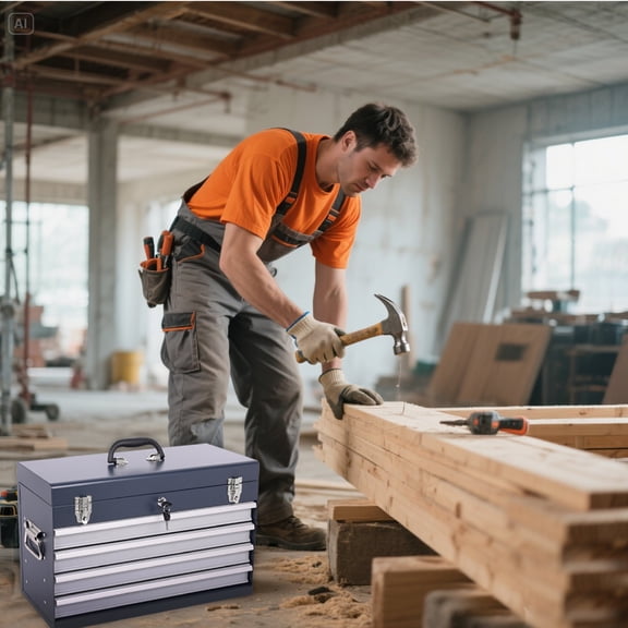 Heavy Duty 21-Inch Metal Tool Box with 4 Ball Bearing Drawers, Auto-Locking Security, Powder Coated Finish – Portable for Workshop & Vehicle Storage