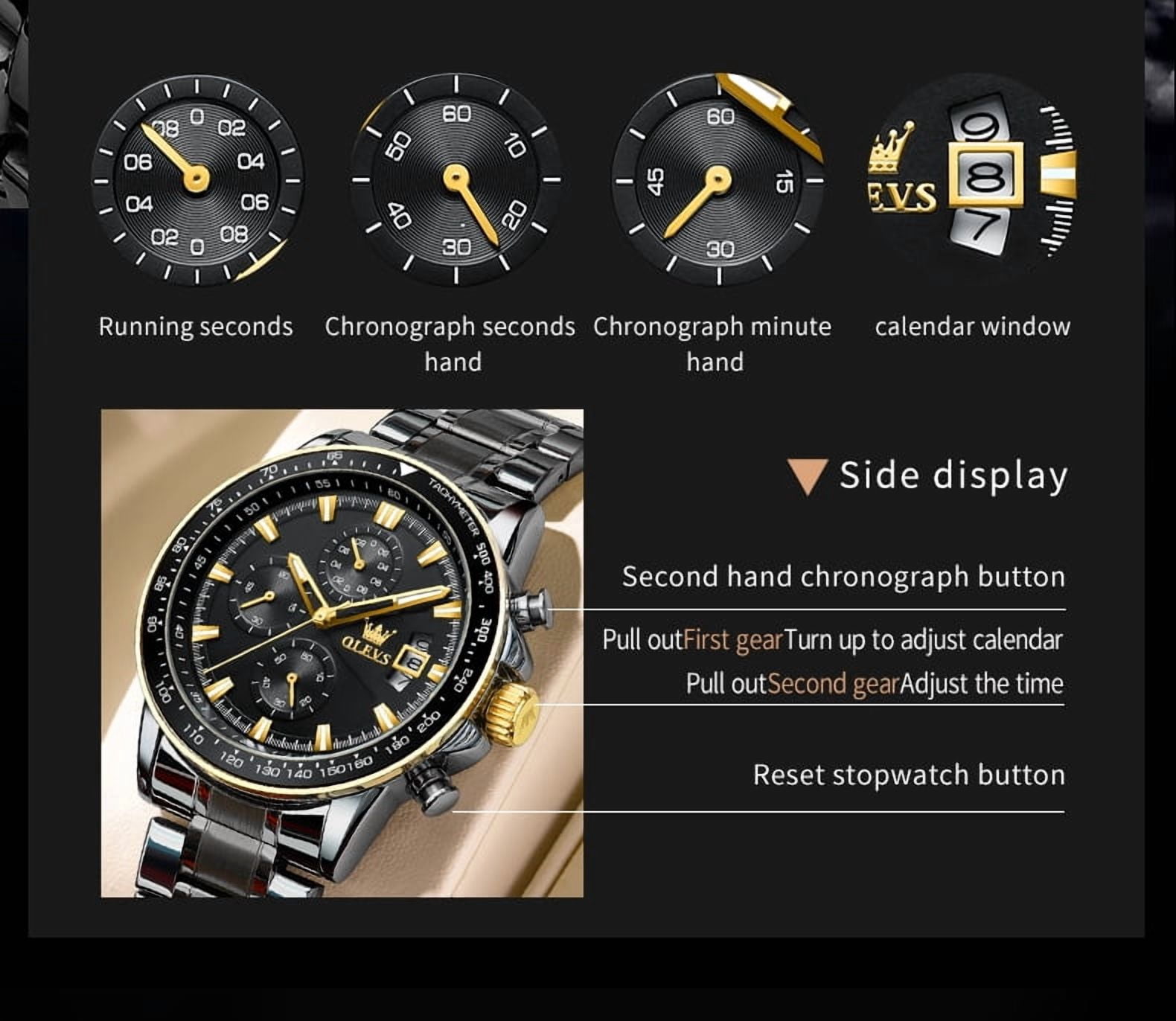 OLEVS Mens Watches,Big Dial Watches for Men Chronograph Stainless Steel Watch with Day Waterproof Analog Quartz Watches