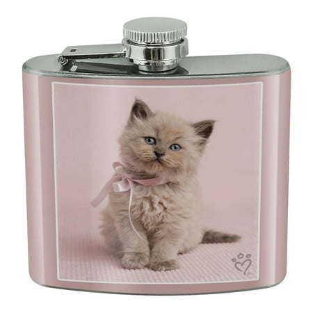 

Miradoll Ragdoll Cat Kitten Pink Ribbon Bow Stainless Steel 5oz Hip Drink Kidney Flask