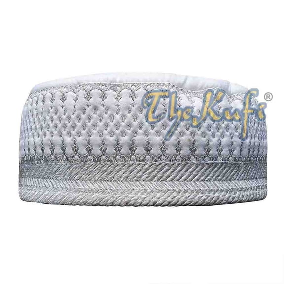 White Quilted Hat With Unique Silver Embroidery (S-22"(56cm), Male, Adult, White, 17.79)