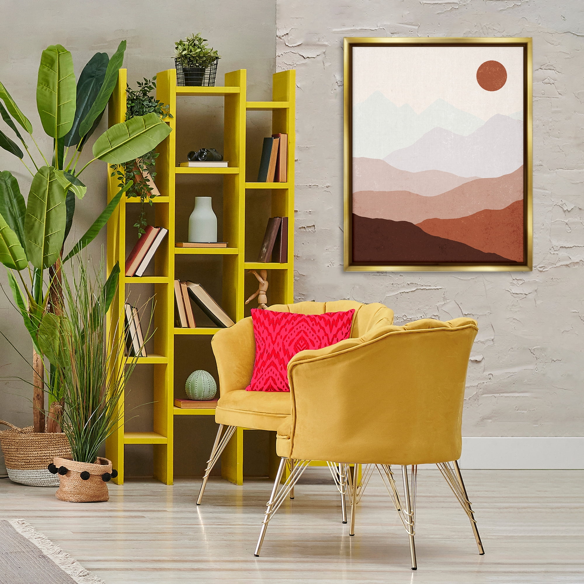 Stupell Industries Afternoon Sun Over Mountains Abstract Painting Gold Floater Framed Canvas Art Print Wall Art, 25 x 31