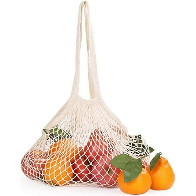 3 Pieces Reusable Mesh Bag, Washable Premium Cotton Grocery Tote Bags, Fruit Vegetable Mesh Market Tote Organizer, Long Handle, Beige