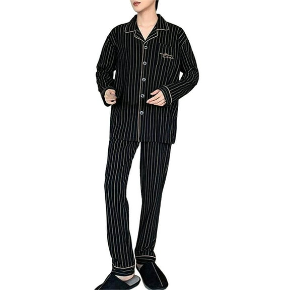 VNKIDY Men's Pajama Soft Pure Striped 2 Piece Pajama Set With Contrast Trim Long Sleeve Lapel Button Down Top Loose Fit Pants Loungewear Set Soft Homewear