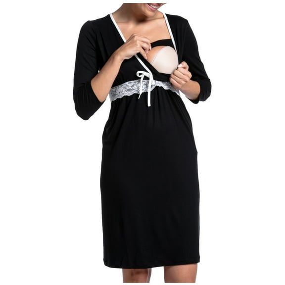 Women's Maternity Nursing Dress Nightgown Sleeveless Pregnancy Dress for Breastfeeding Baby Shower Dress Black XL