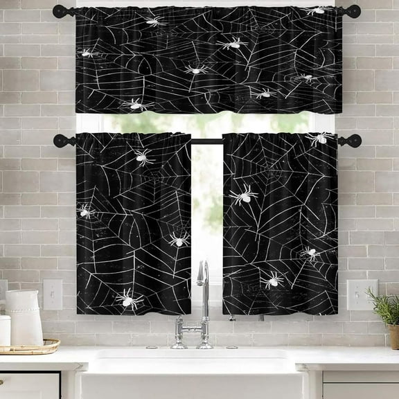 Halloween Kitchen Curtains Vintage Black Window Curtains Valance and Tier Set 36 Inch, Scary Spider Rod Pocket Short Tier Curtain for Room, Nightmare Small Cafe Kitchen Decor
