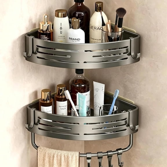 Corner Shower Caddy, 2‑Pack No‑Drill Adhesive Wall Mount Aluminum Shower Shelf, Removable Bathroom Shower Organizer with Towel Bar & Hooks for Bathroom, RV, Kitchen & Laundry Room
