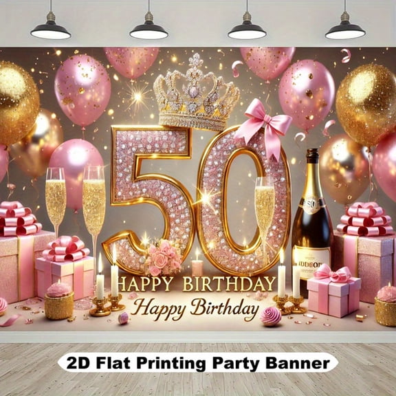 Happy 50th Birthday Backdrop Pink Gold Balloons Fabulous 50th Birthday Background for Women Glitter Diamond Crown Fifty Years Old Age Birthday Party Decorations Banner Photo Booth Props