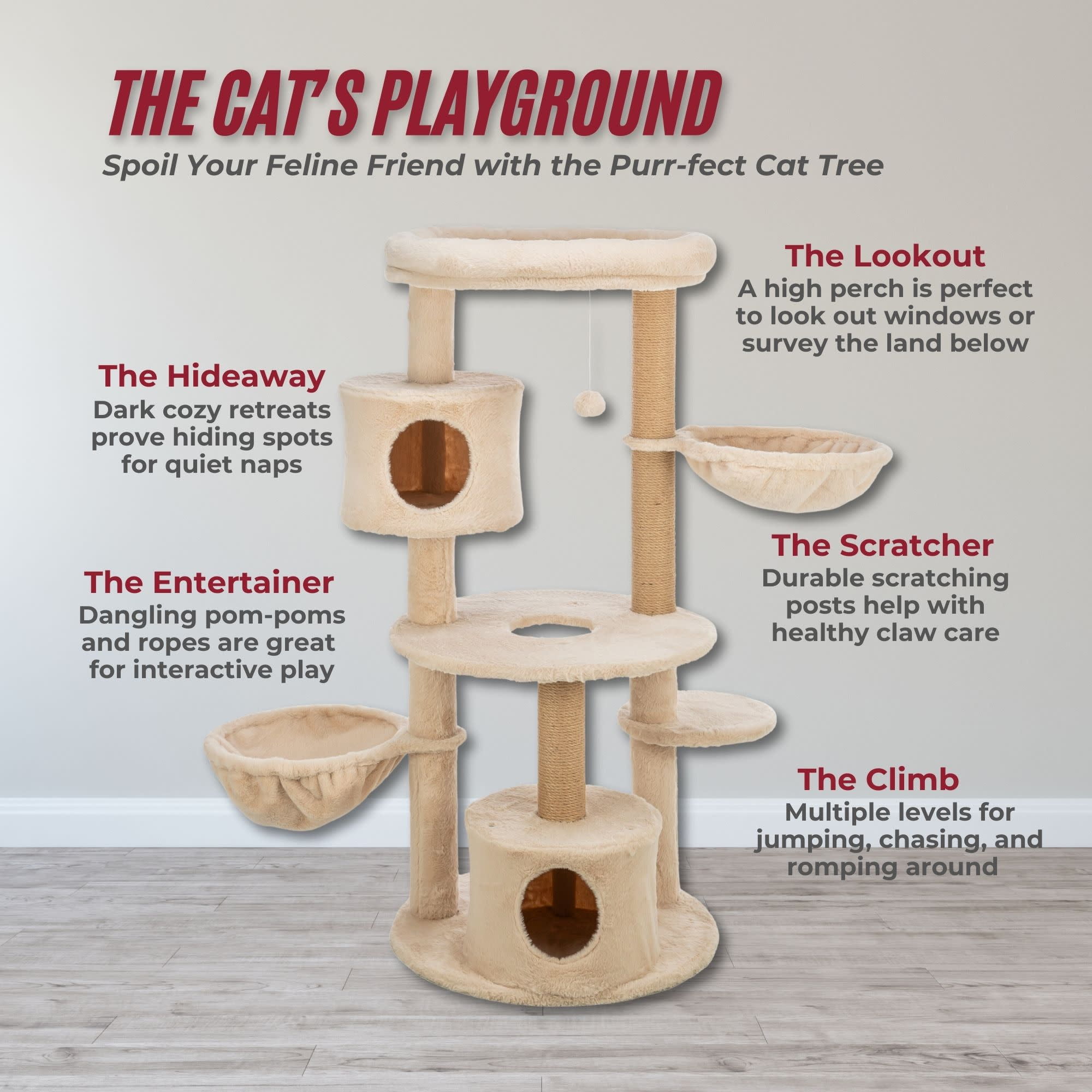 TRIXIE Anna Plush & Jute 50" Cat Tree Scratching Posts Condos Hammocks Perches Cat Toy, Beige