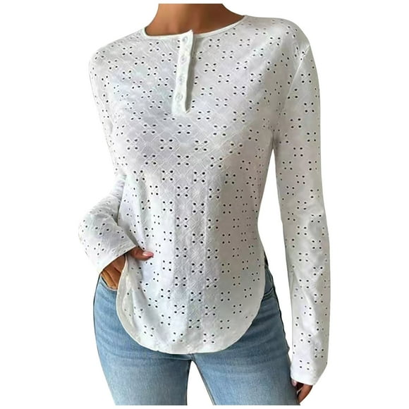 GigrtiJin Womens Eyelet Tops Long Sleeve V Neck Shirts Hollow out Floral Basic Slim T Shirts Dressy Casual Going out Top