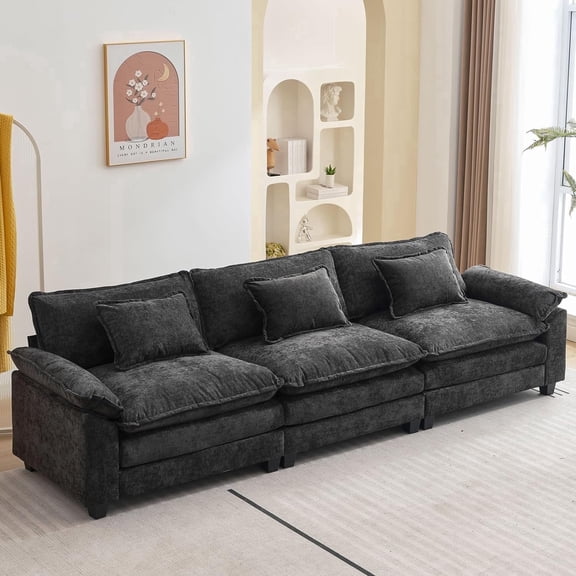IPKIG Sectional Sofa Comfy Cloud Couch for Living Room with Pillows, Modern Chenille Sofa Sleeper Deep Couches with Ottoman (Black, 3-Seat-Style2)