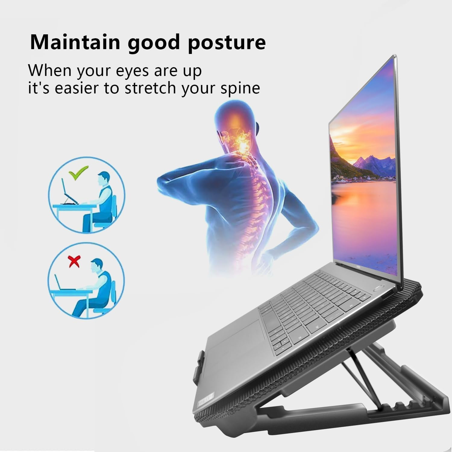 Laptop Cooling Pad, Cooler Pad Chill Mat 2 Quiet Fans LED Lights and USB Ports 5 Height & with Adjustable Speed Mounts Metal Mesh Design, for 9"-17" Laptops（Black）