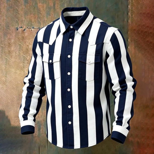 Ceisia Men's Loose Fit Vintage Wide Stripe Print Long Sleeve Cotton Shirt Navy S Gifts