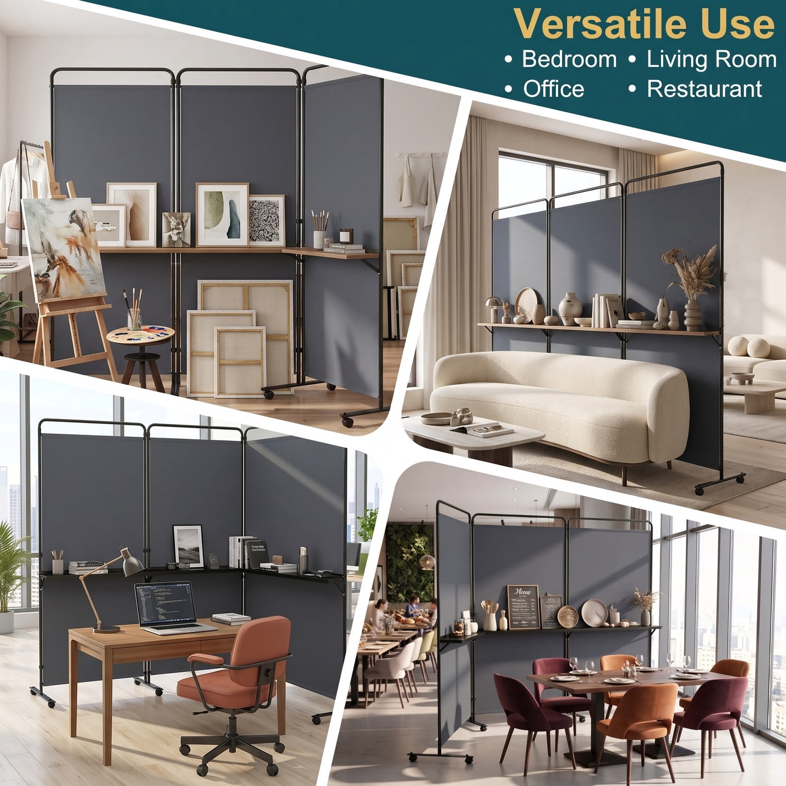 ALPULON 3-Panel Room Divider with 3 Shelves, 6 FT Tall Folding Privacy Screen Freestanding Partition with Lockable Wheels for Living Room Bedroom Office, Gray
