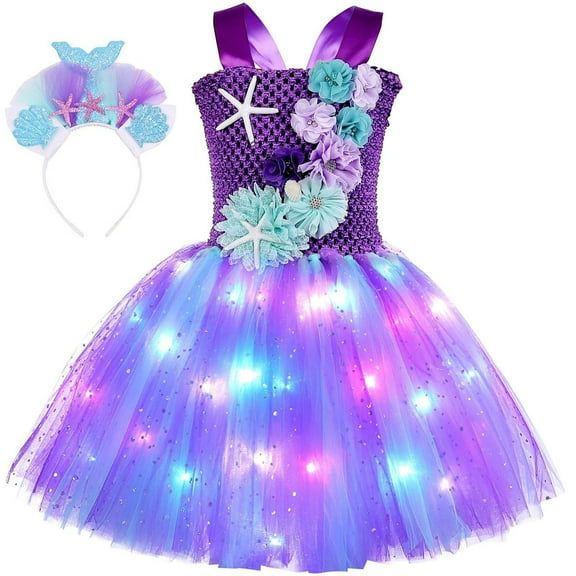 Toddler Girls Casual Dresses Summer Sleeveless Suspenders Led Lamp Dance Party Headband Set Dress Sportwear,Purple,5-6 Years