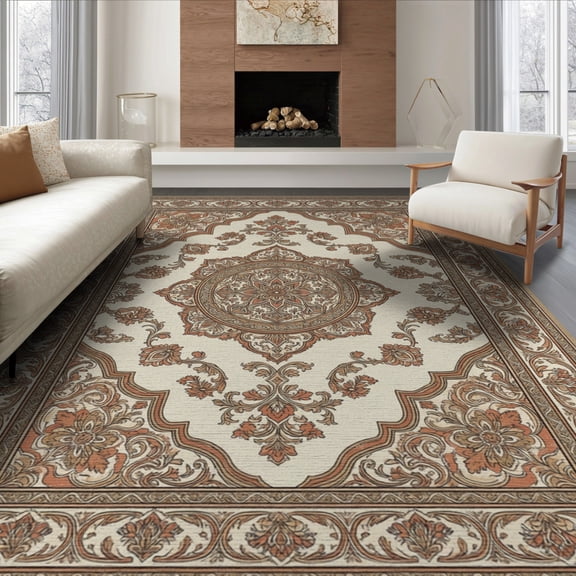 ODIKA 8'x10' Washable Area Rug Ivory Tug Traditional Ornate Featuring Symmetrical Motifs Vintage for Living Room, Under Sectional, Family , Durable, Non-Slip
