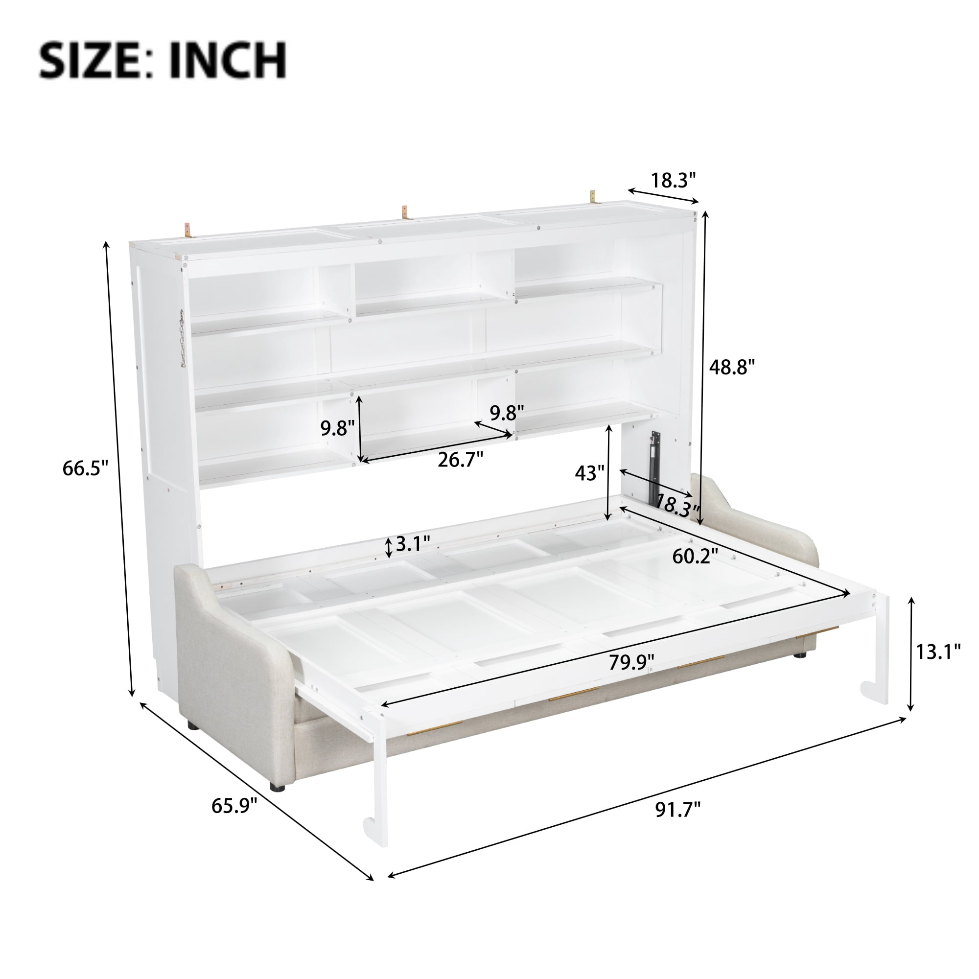 Queen Size Murphy Cabinet Bed with Folding Sofa, Built-in Storage Shelves and LED Light, Beige