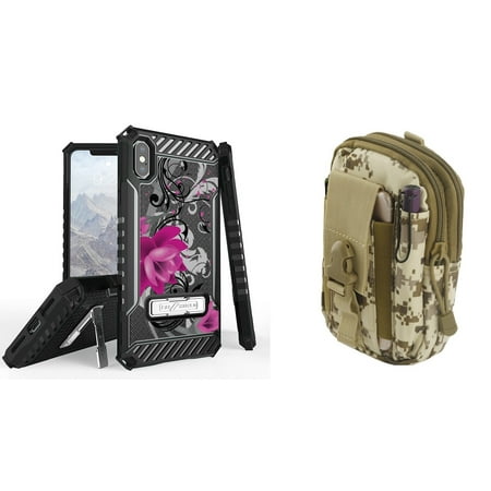Beyond Cell Tri Shield Military Grade Shock Proof Kickstand Case (Lotus Vine) with Desert Camo Tactical EDC MOLLE Belt Bag Pouch and Atom Cloth for iPhone Xs Max