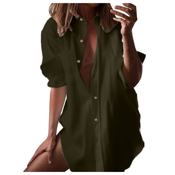 Vedolay Women's Tops Button Down Casual Loose Fit Pullover Tunics Tops Army Green,L