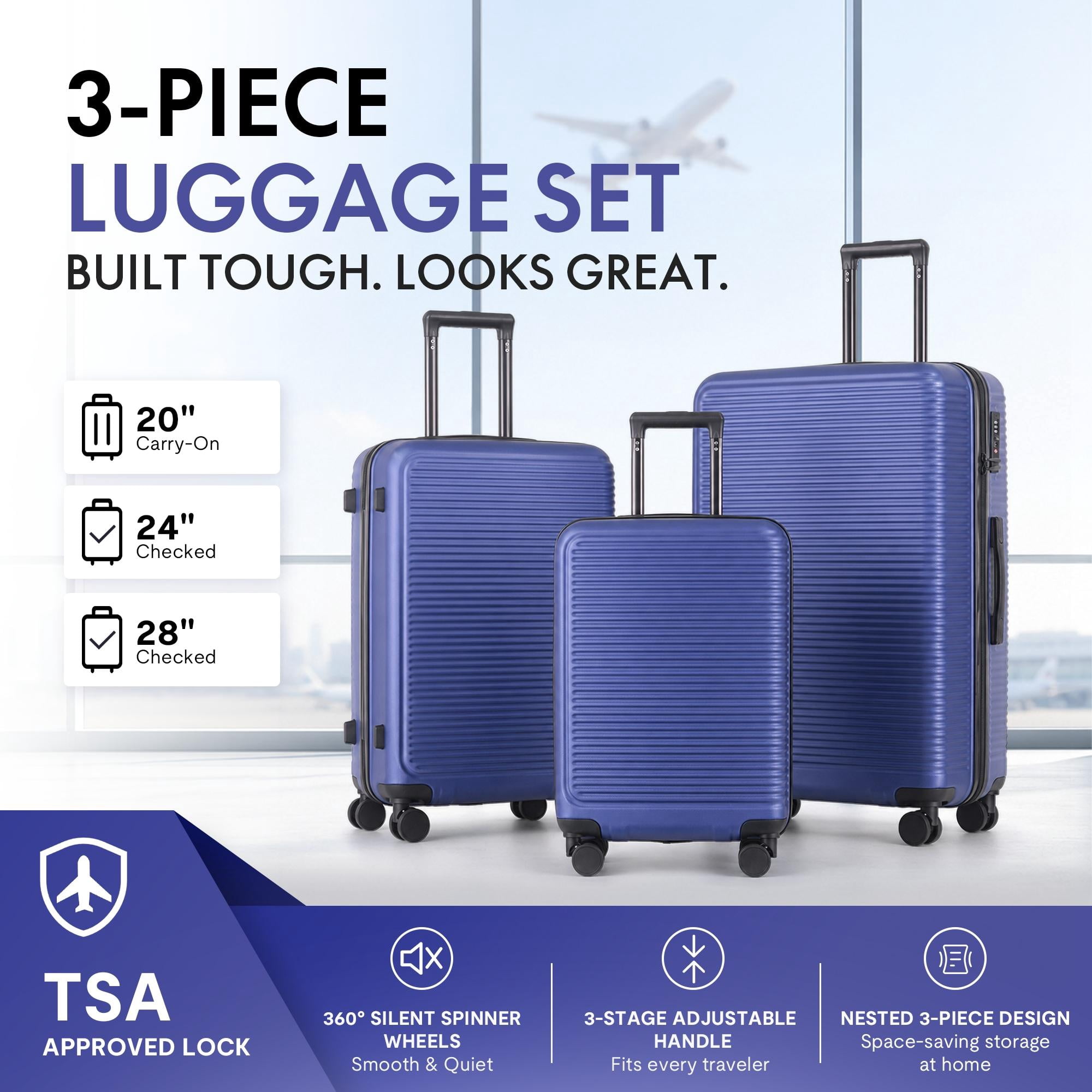 3-Piece ABS Hardshell Luggage Set, Lightweight Scratch-Resistant Suitcases with Silent Spinner Wheels & TSA Lock, Dark Blue