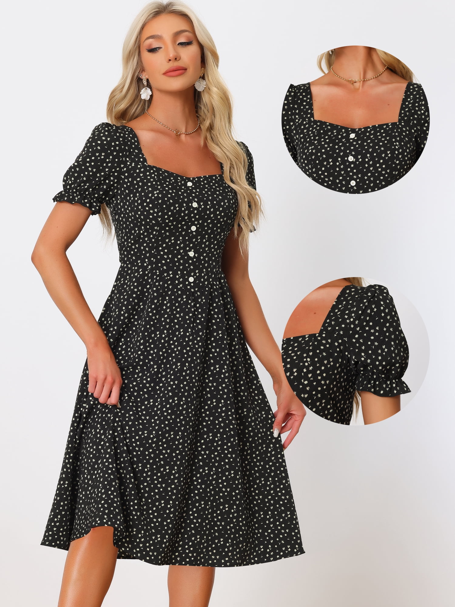 Unique Bargains Women's Floral Square Neck Button Decor Puff Short Sleeve Midi Dress L Black
