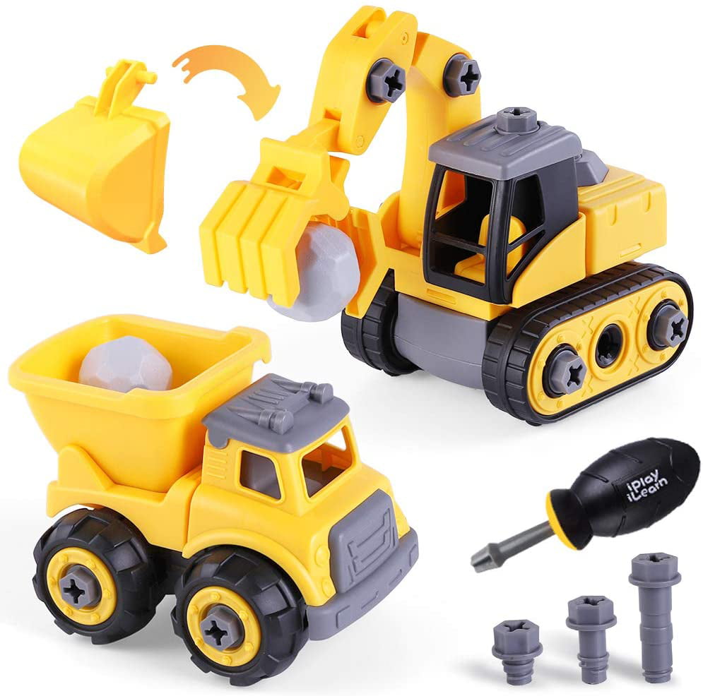 Yellow Construction Takes Apart Trucks STEM Learning Toys Boys Dump Truck Excavator Bulldozer Toy with Screwdriver Toddlers Construction Vehicles Play Set Children Great Gift for Kids 