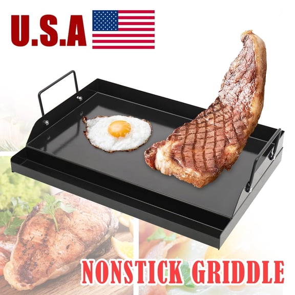 Linsen-outdoors Portable Stove Top Griddle with Non-Stick Coating - Black BBQ Griddle with Oil Groove for Gas Grills, Camping Trips and Patio Cooking