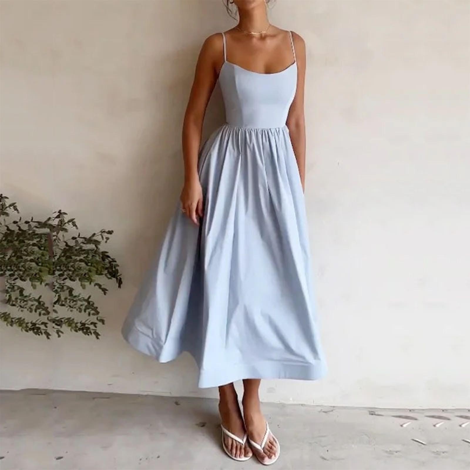Xqxayjr Summer Spring High Waist Aline Swing Maxi Long Swing Pleated Dresses for Women Homecoming Dresses Casual Spaghetti Strap Scoop Neck Boho White Dresses Clothes