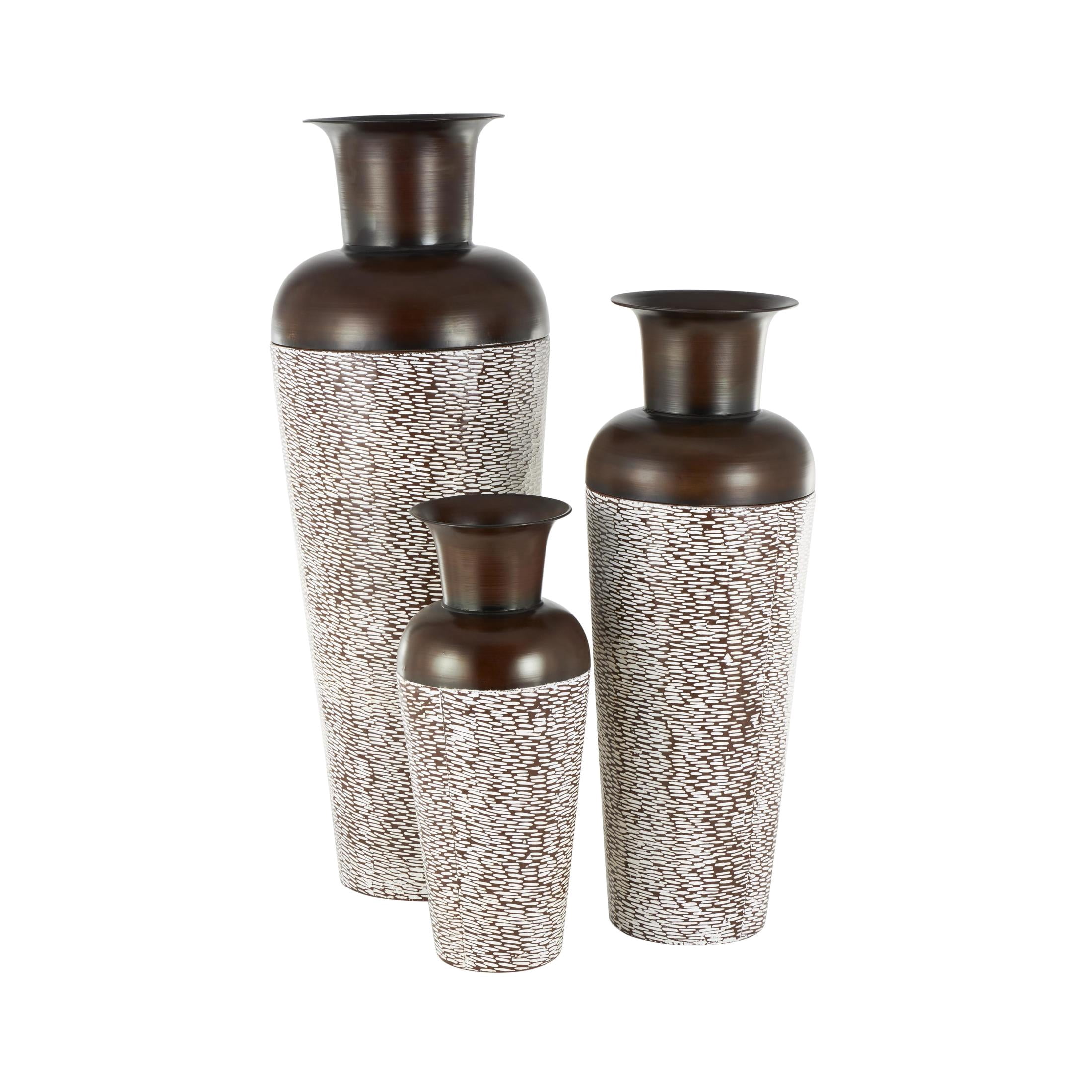 DecMode 18", 39", 28"H Tall Tapered Floor White Metal Vase with Brown Trumpet Tops, Set of 3