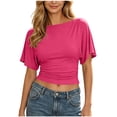 thumbnail image 3 of Craaazy Short Sleeve Blouses for Women Solid Color Crew Neck Ruched Crop Top Casual T Shirt for Summer Daily Wear, 3 of 7