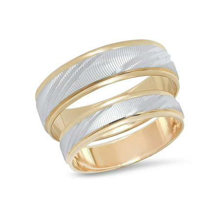 His and Hers 14K Solid White and Yellow Two Tone Gold Matching Laser Cut Design Wedding Band Ring
