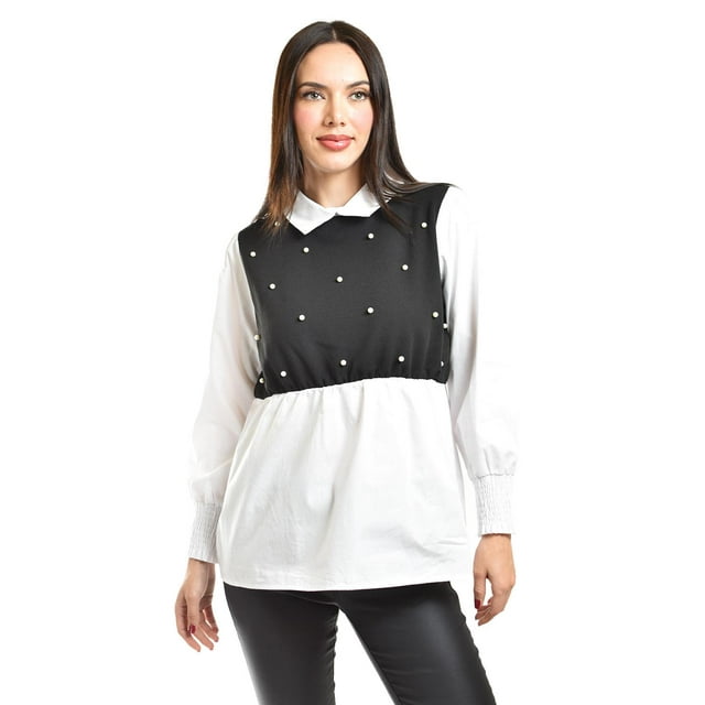 Blusa con chaleco de perlas Roman Fashion /Juvenil, 5102 (Blanco / Negro) negro M