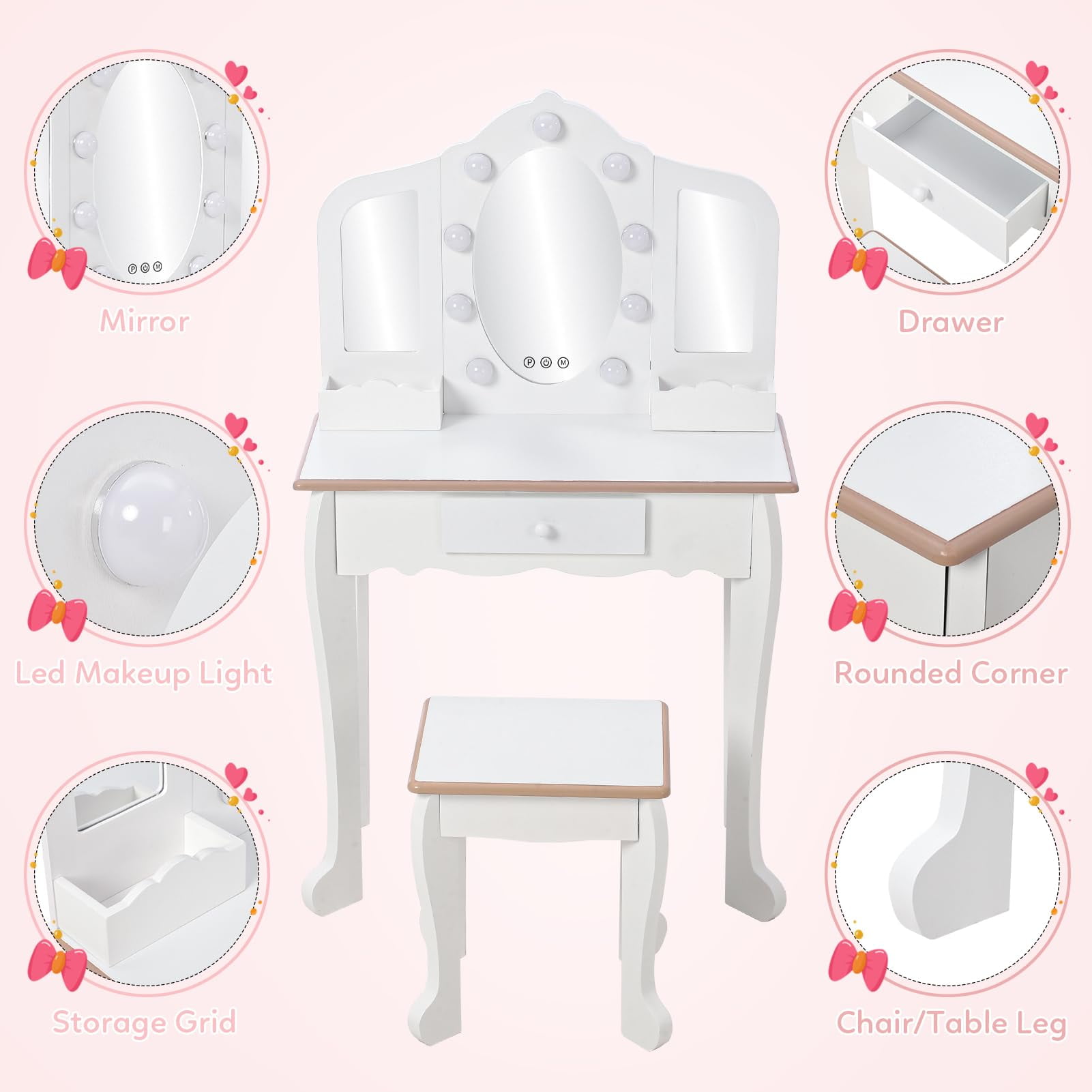 TROPOW Kids Vanity with 3 Mirrors and Stool, Girls Vanity with Wood Makeup Playset, Princess Vanity Table for Toddlers, White