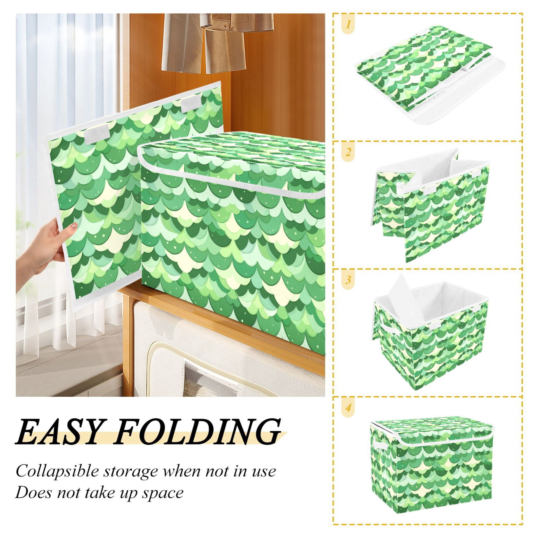 Cute Green Scale Picture Large Storage Bins with Linen Collapsible Lid Storage Box 16.7 x 12.6 x 11.8in