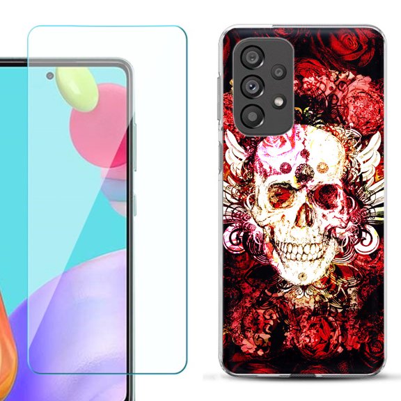 Slim-Fit Gel TPU Phone Case for Samsung Galaxy A33 5G, with Tempered Glass Screen Protector, by OneToughShield ® - Rose Skull