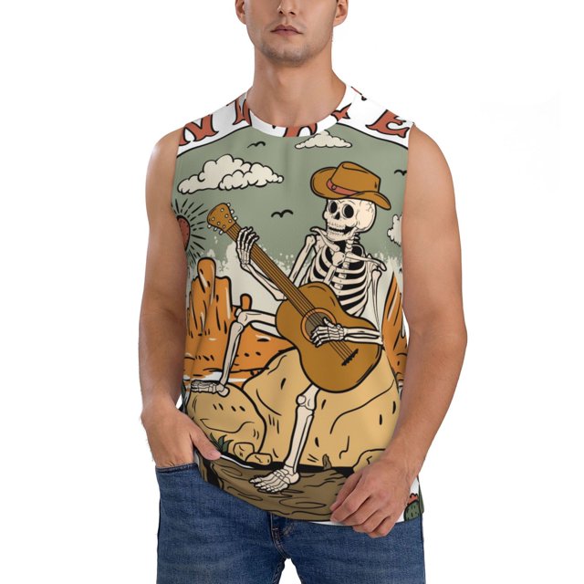 Balery Skeleton Cowboy And Guitar Camisetas sin mangas para hombre, absorbe la humedad y protege contra el mal olor.-XX-Large