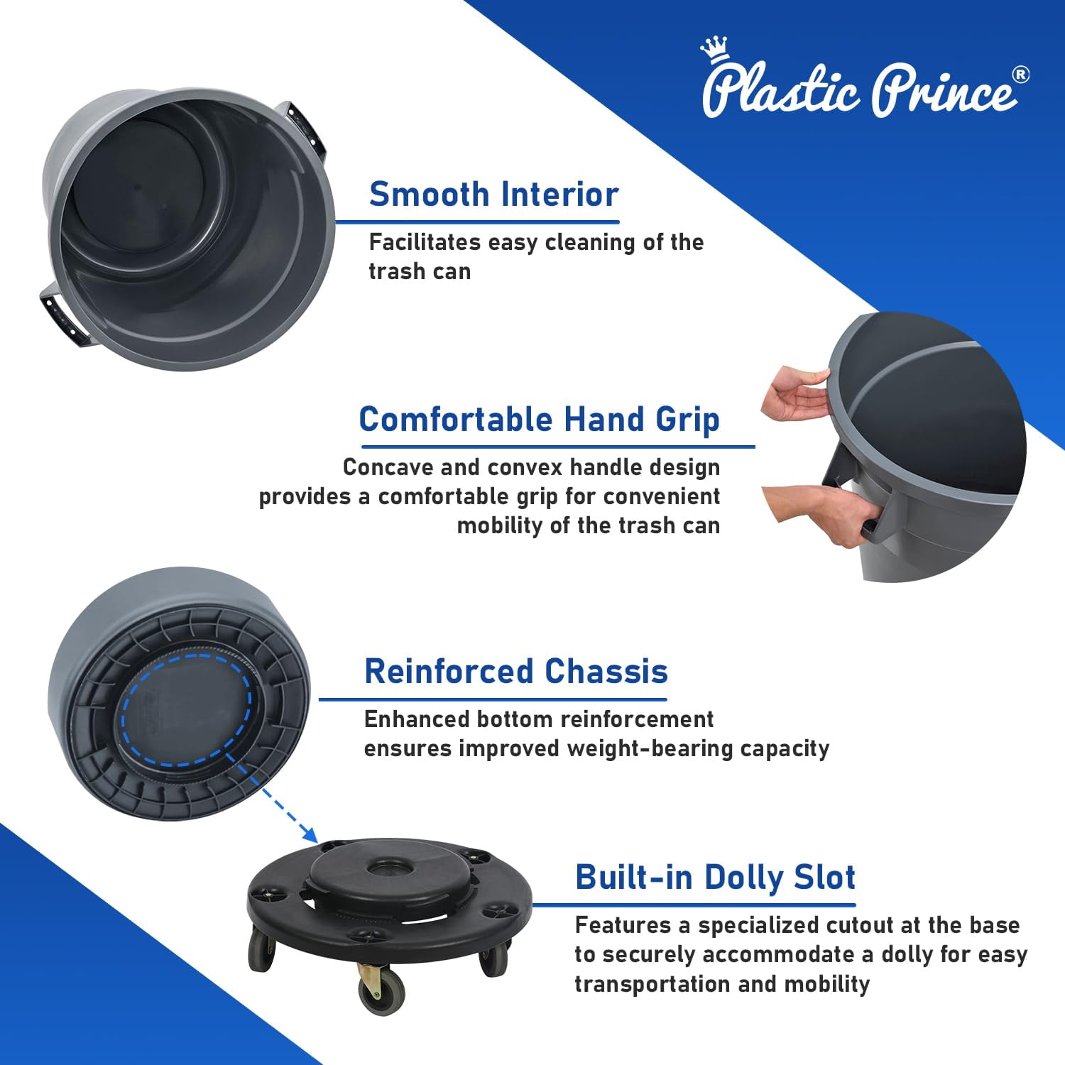 Plastic Prince 44 Gallon Round Trash Can with Lid Garbage Can Gray Waste Container for Home Garage Restaurants Warehouses