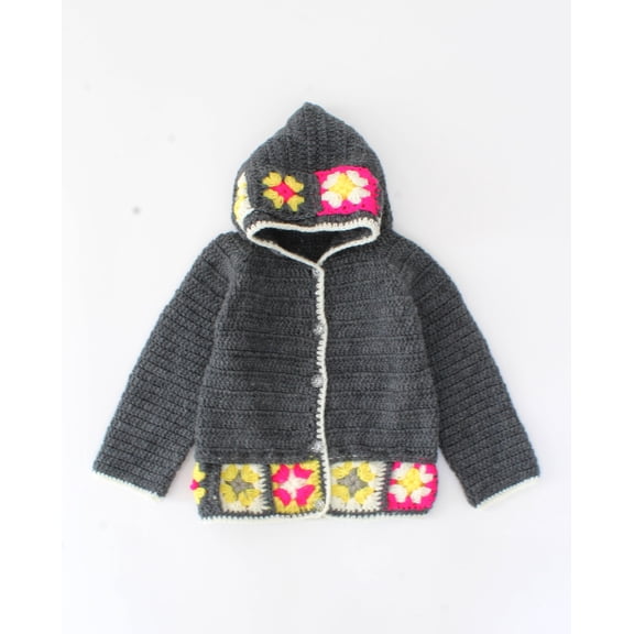 Woonie Handmade Granny Square Hooded Cardigan-Grey