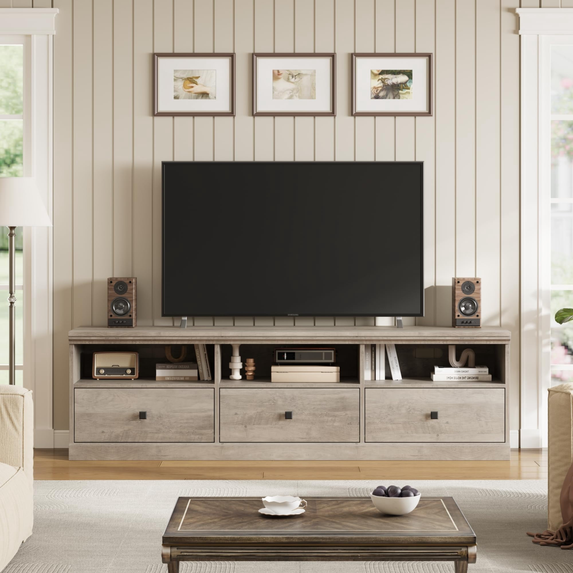 TV Stand for 75inch TV, Modern Mid Century Entertainment Center, with Storage Drawer and Open Shelves, Wooden for Living Room, Bedroom