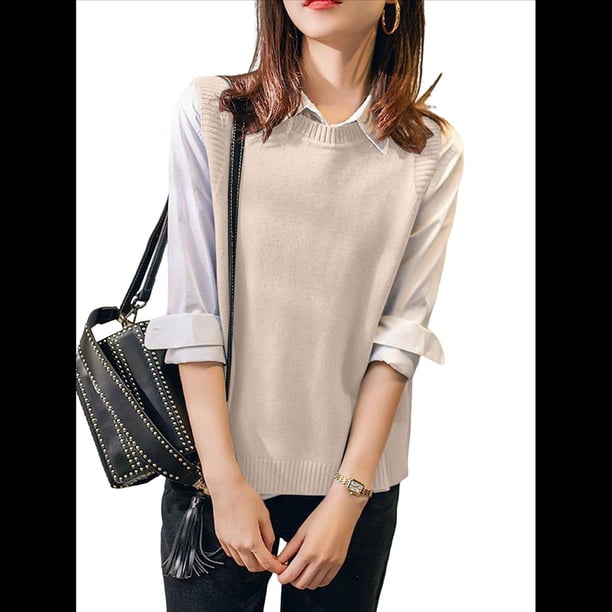 Suéter Sin Mangas de Cuello Redondo para Mujer, Jersey de Punto Acanalado, Chaleco Albaricoque L