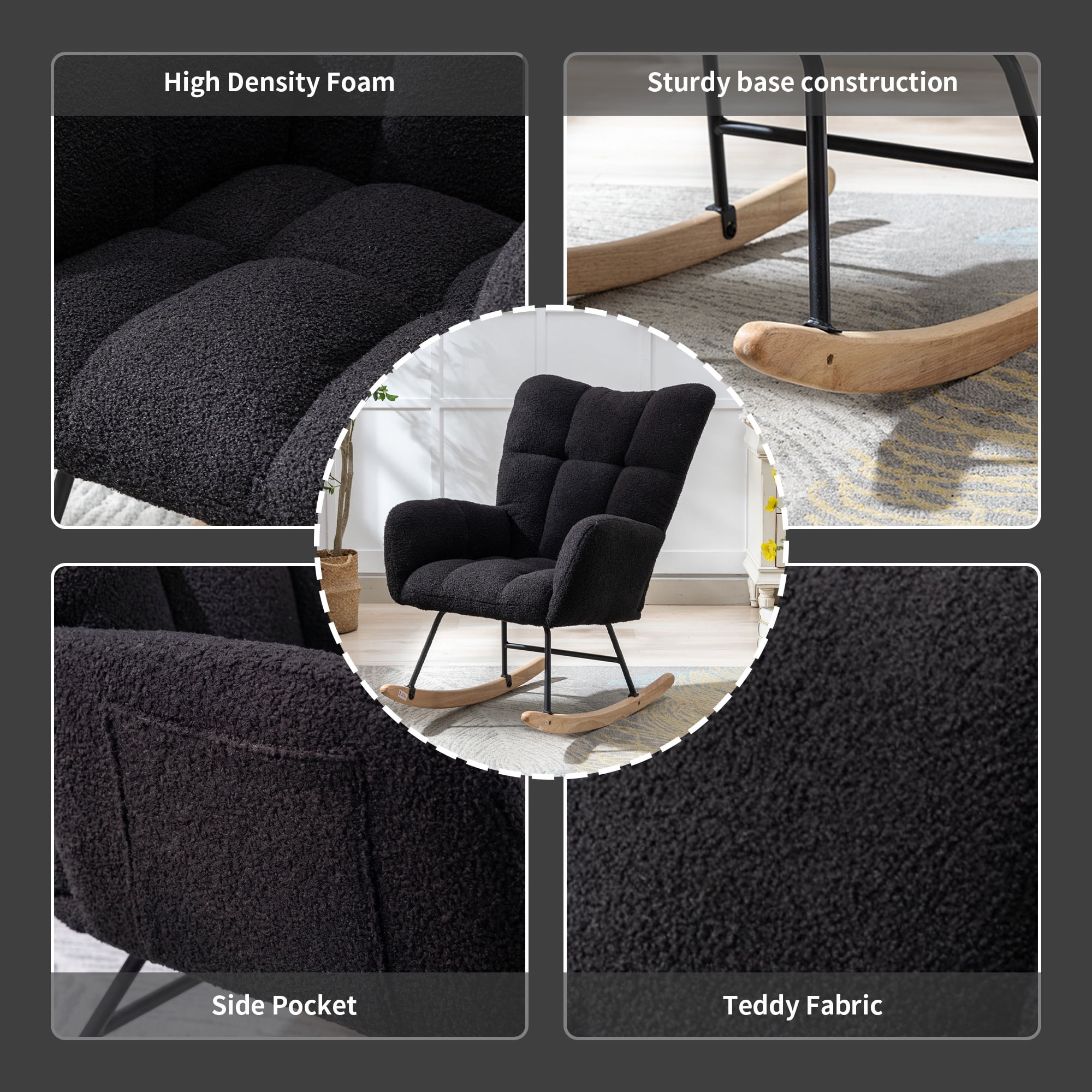 Leumius Rocking Chair Nursery,Teddy Upholstered Glider Rocker with High Backrest,Modern Rocking Accent Chairs Glider Recliner for Living Room, Nursery, Bedroom,Black
